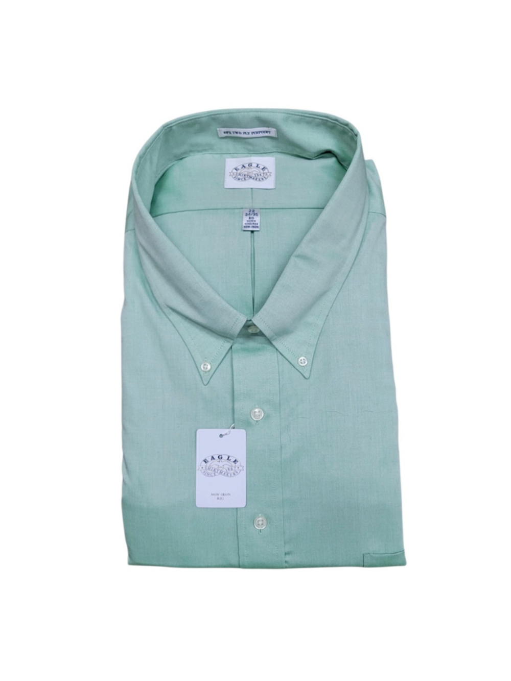 EAGLE Men 80's Two Ply Pinpoint Green Button Down Non-Iron Dress Shirt 22 34/35